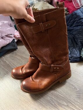 Coach Cognac Brown Embossed Leather Mid-Calf Boots